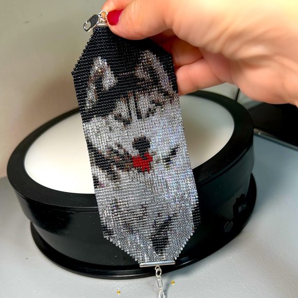 Hand Crafted Jewelry - Hand woven Siberian Husky dog cuff bracelet, adjustable